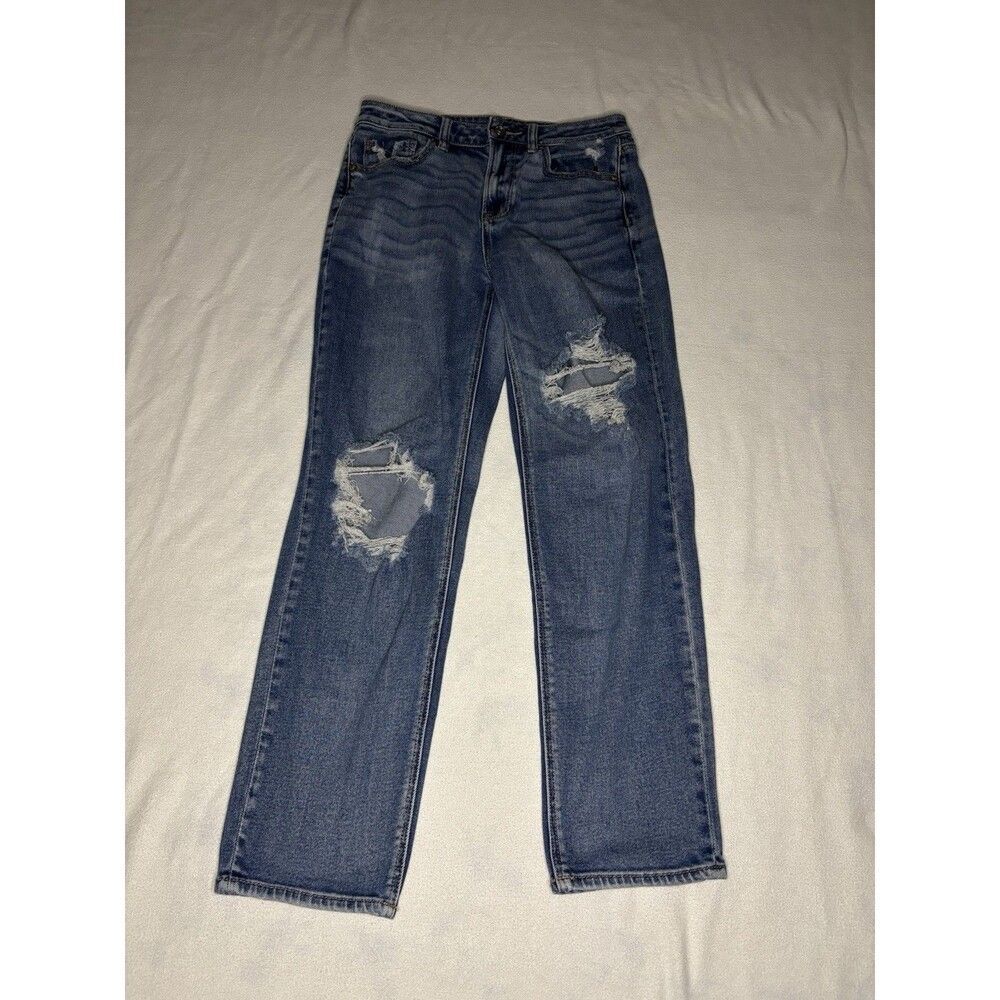 American Eagle Mom Straight Jeans Womens 4 Blue Distressed High Rise Stretch